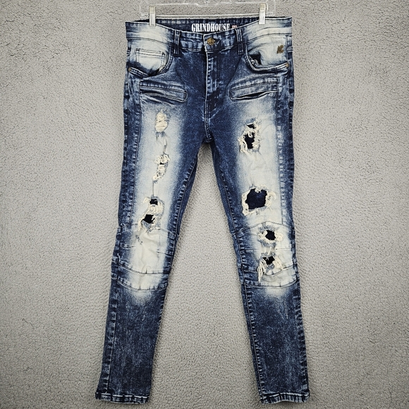 Grindhouse Slim Straight Washed Dark Blue Ripped Stretch Denim Jeans Men 34x32 - Picture 1 of 8
